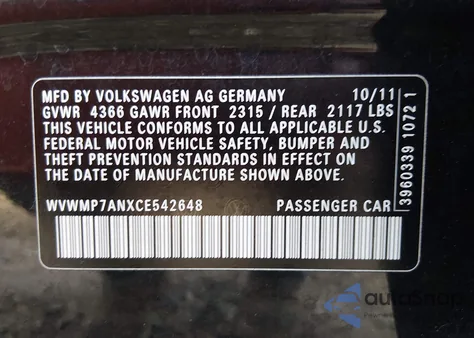 2012 Volkswagen Cc Sport из США, поврежденный, VIN WVWMP7ANXCE542648